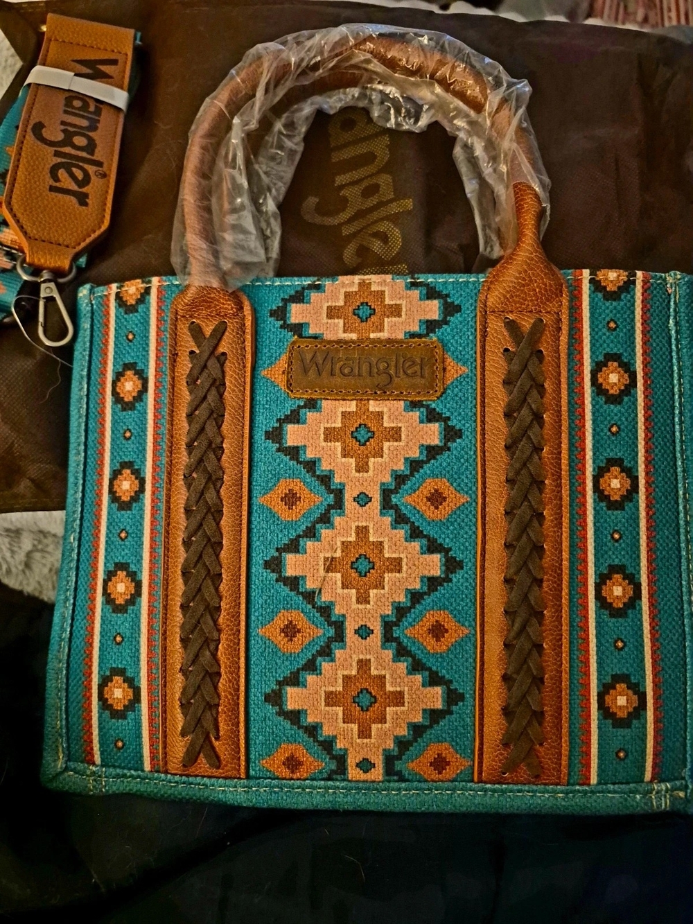 Wrangler Turquoise and Brown Southwestern Pattern Tote